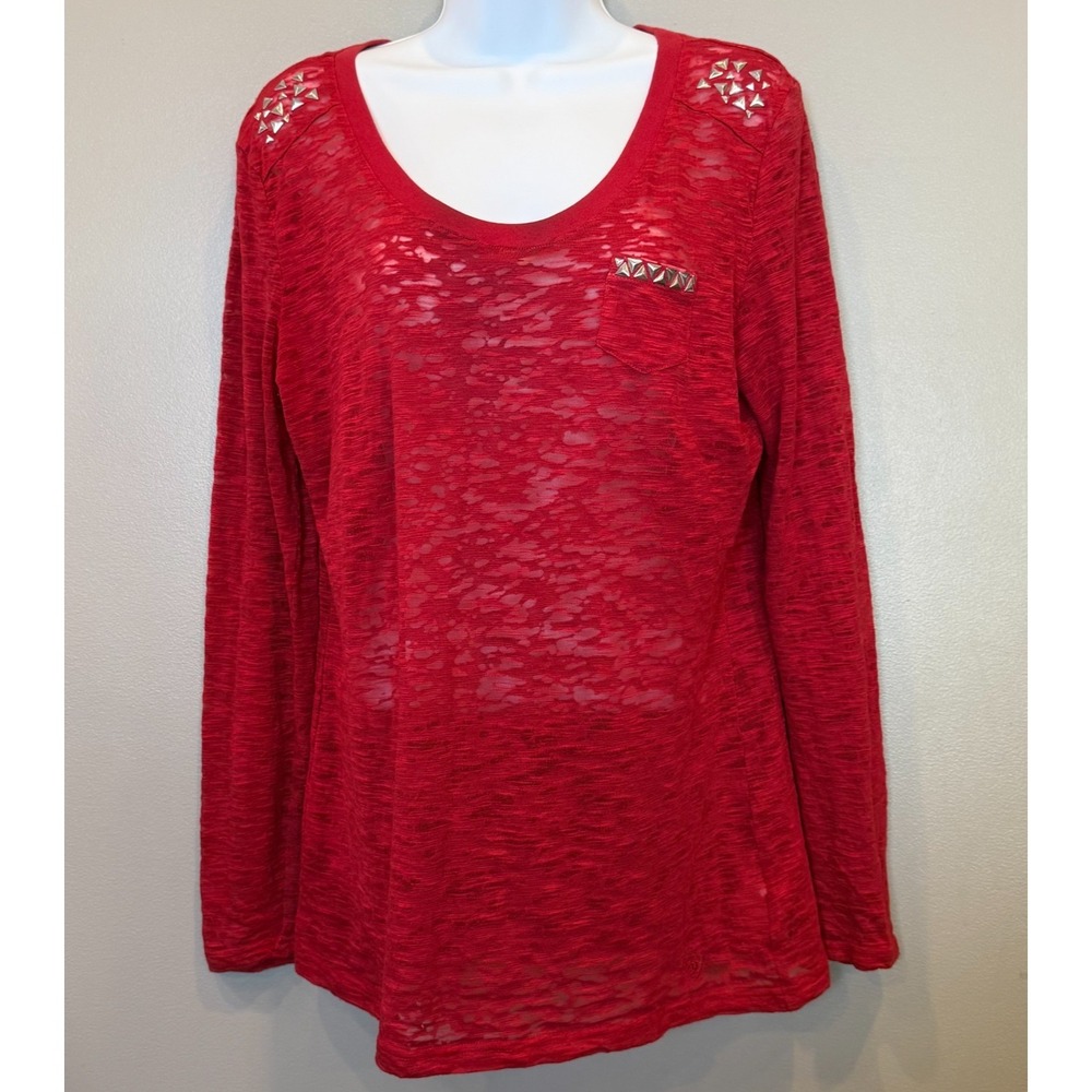 Ariat Embellished Red Round‎ Neck Burnout Long Sleeve Shirt Women's Size Large